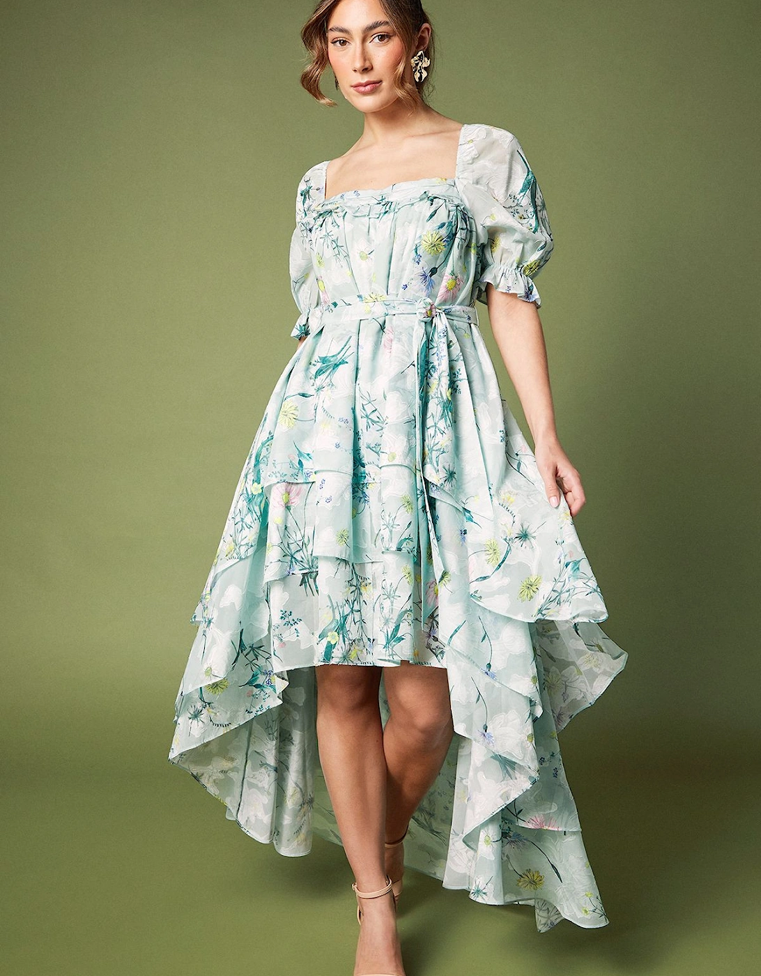 Short Puff Sleeve Printed Chiffon High Low Hem Dress With Tiers, 2 of 1