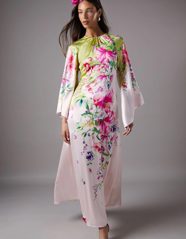Long Sleeve Satin Printed Maxi Dress