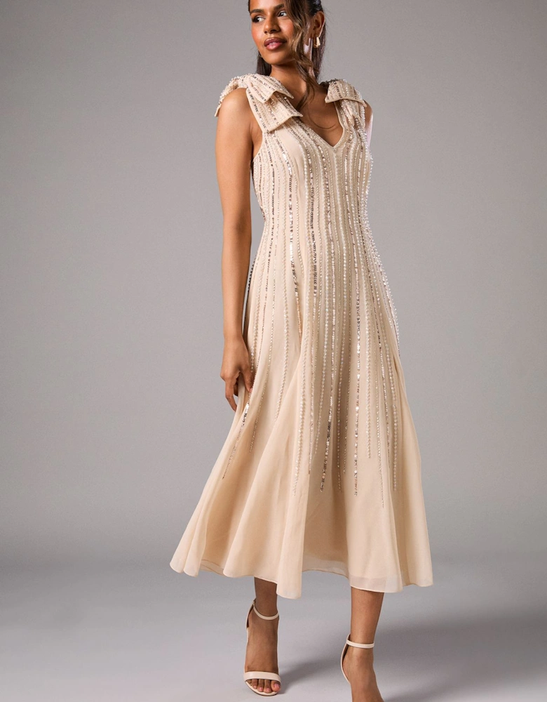 Petite Metallic Strappy Pleated Corsage Maxi Dress