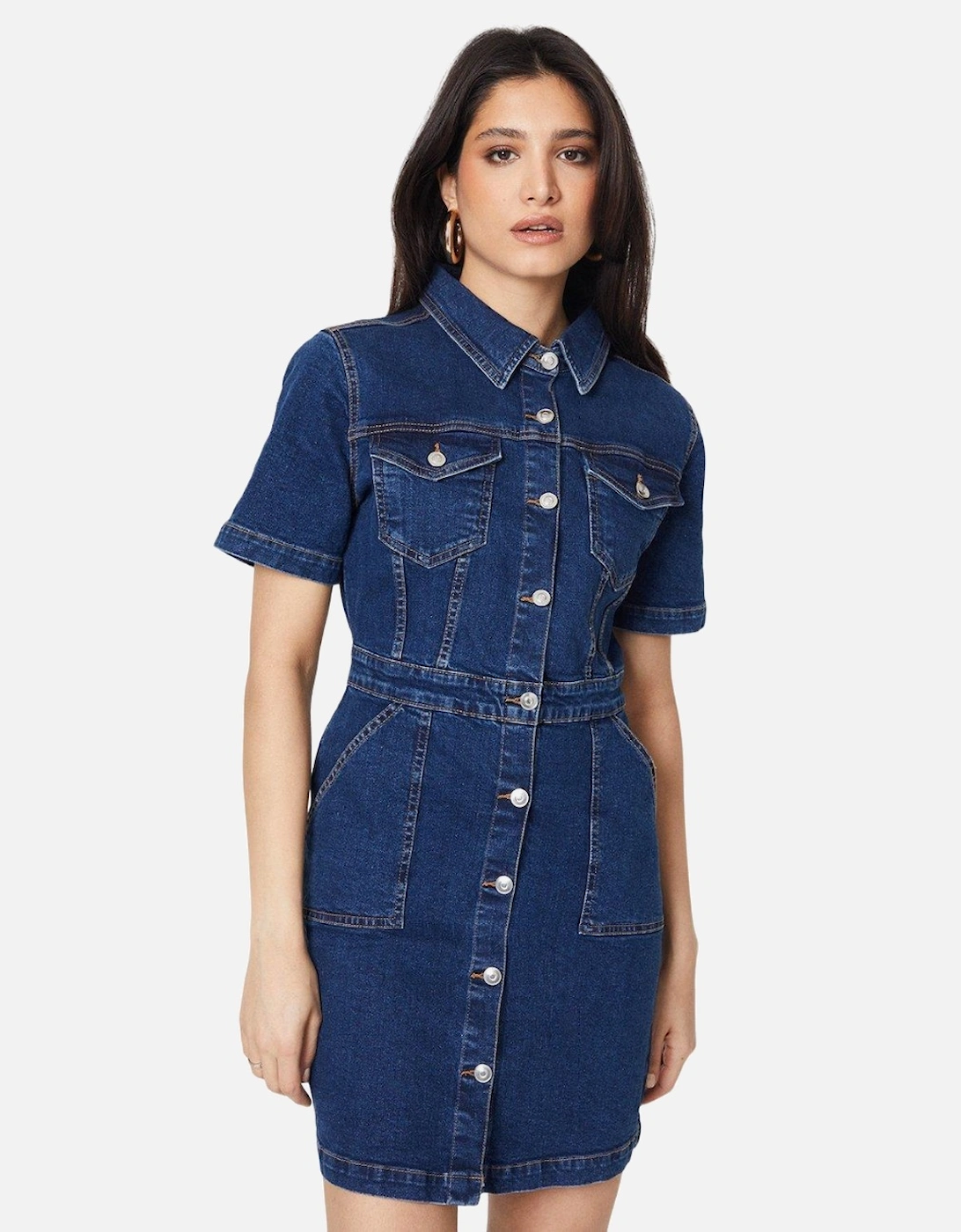 Womens/Ladies Denim Short-Sleeved Mini Dress, 4 of 3