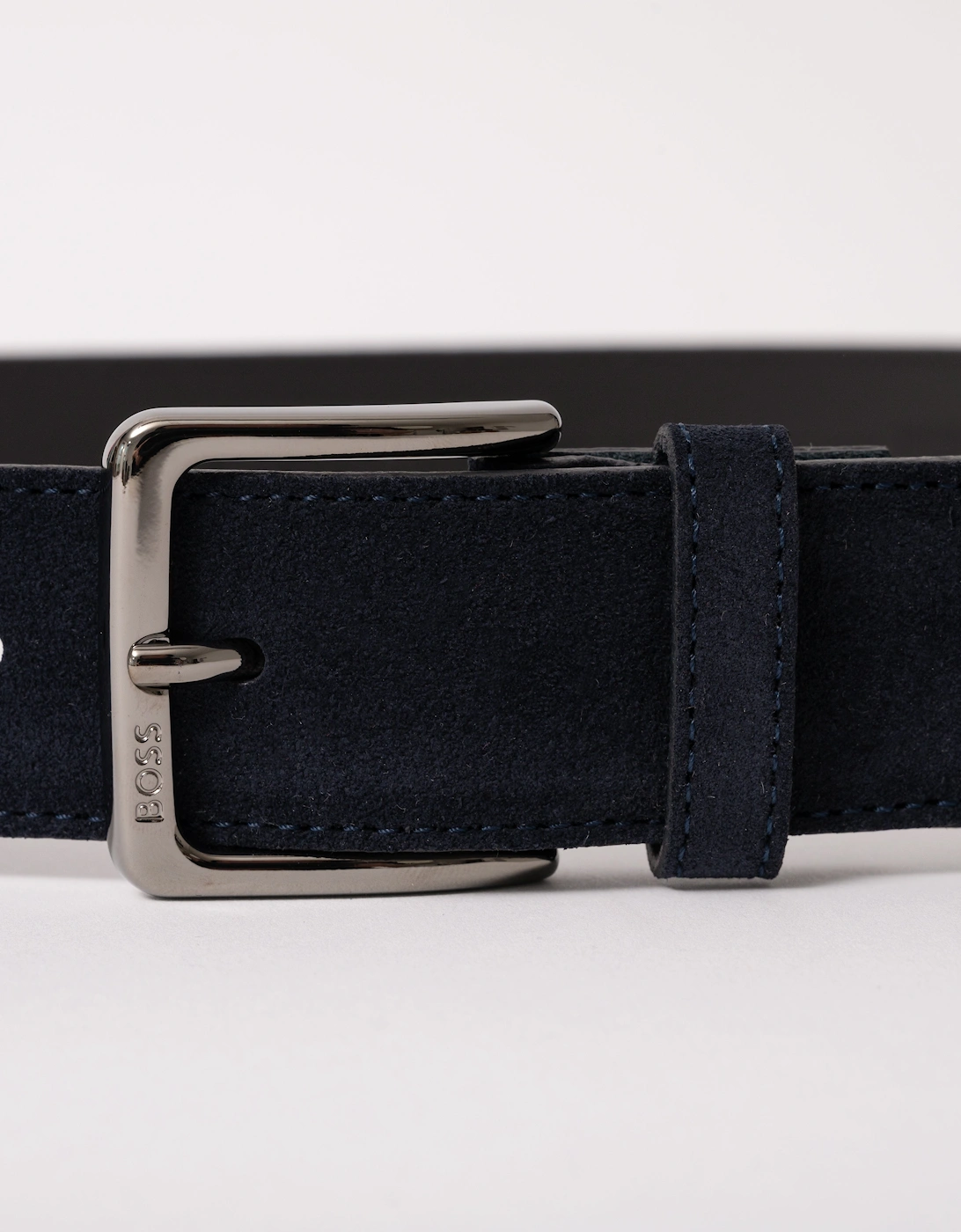 BOSS Orange Ronnie Mens Suede Belt with Logo-Engraved Gunmetal Buckle - Dark Blue 401