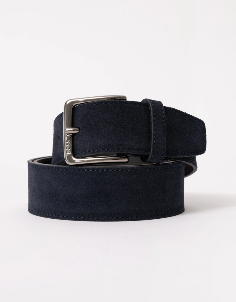 BOSS Orange Ronnie Mens Suede Belt with Logo-Engraved Gunmetal Buckle - Dark Blue 401