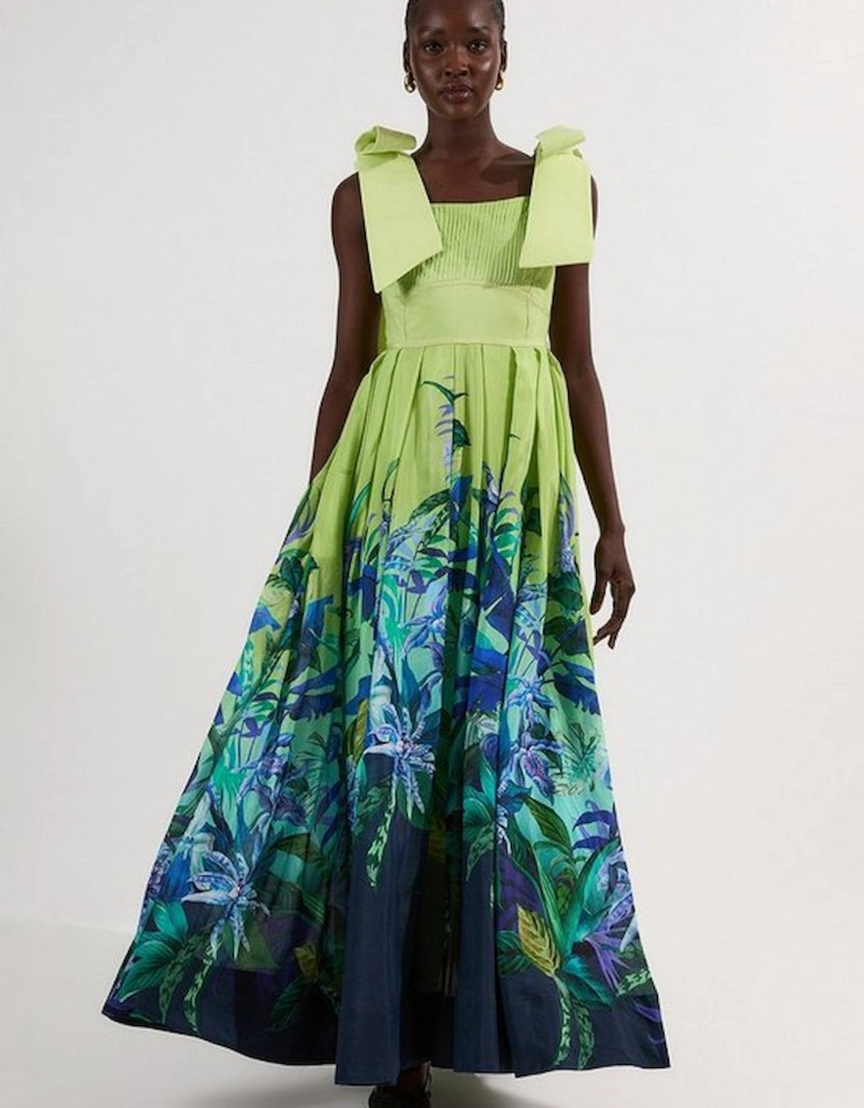 Tropical Floral Silk Cotton Woven Strappy Woven Maxi Dress