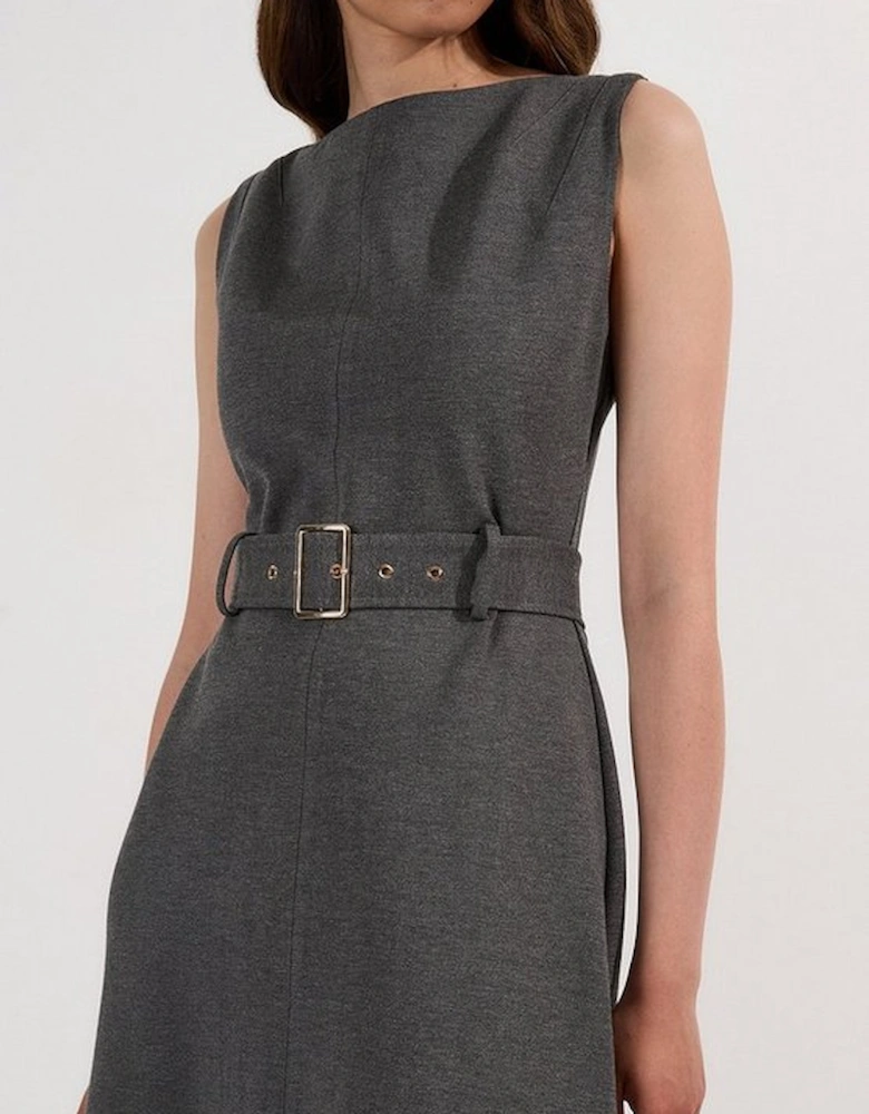 Asymmetric Hem Belted Ponte Dress