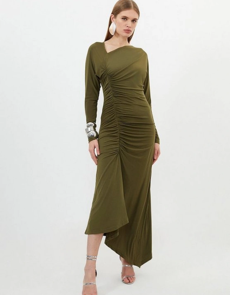 Jersey Crepe Ruched Long Sleeve Midi Dress