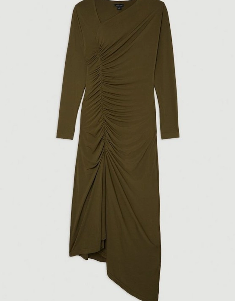 Jersey Crepe Ruched Long Sleeve Midi Dress