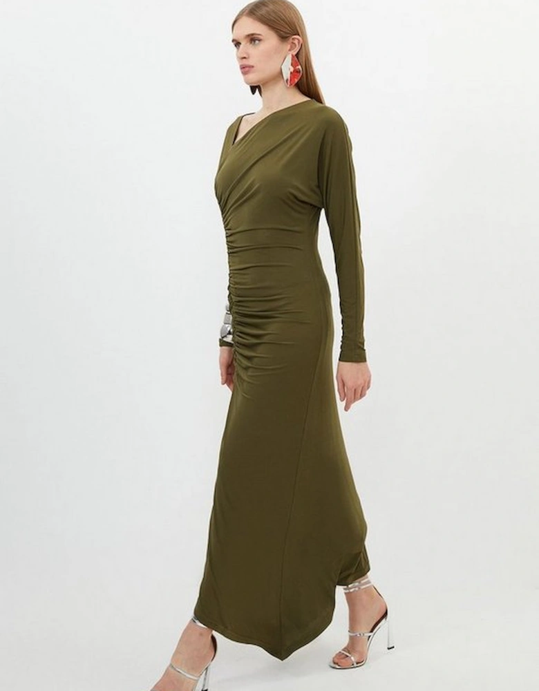 Jersey Crepe Ruched Long Sleeve Midi Dress