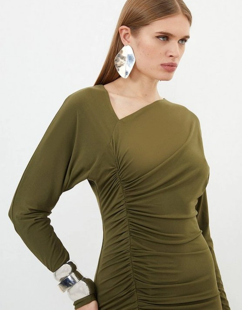 Jersey Crepe Ruched Long Sleeve Midi Dress