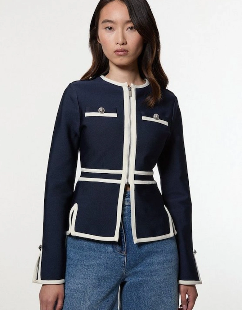 Figure Form Bandage Military Contrast Piping Knit Split Hem Jacket