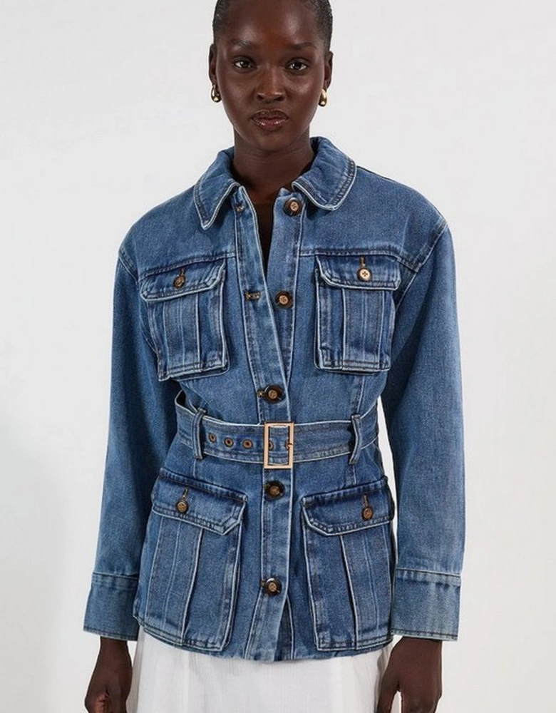 Denim Pocket Detail Belted Safari Jacket