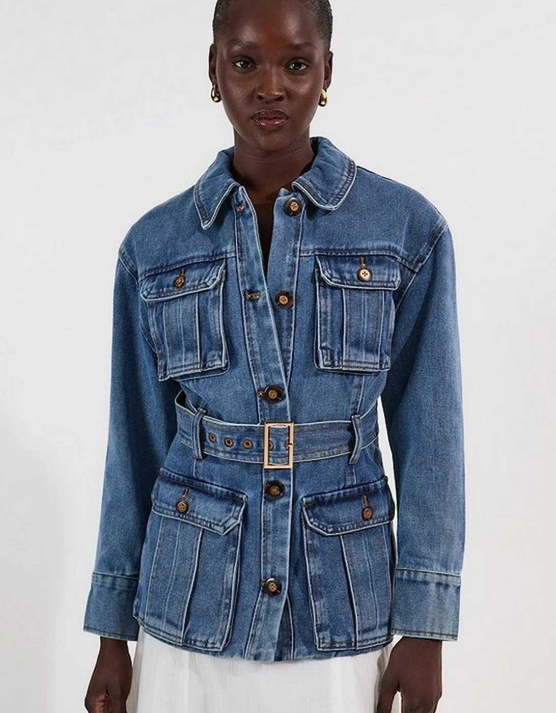 Denim Pocket Detail Belted Safari Jacket, 2 of 1