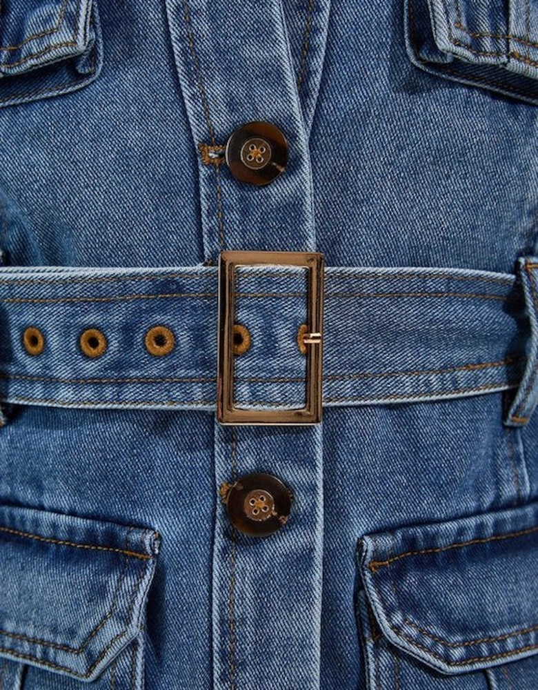 Denim Pocket Detail Belted Safari Jacket