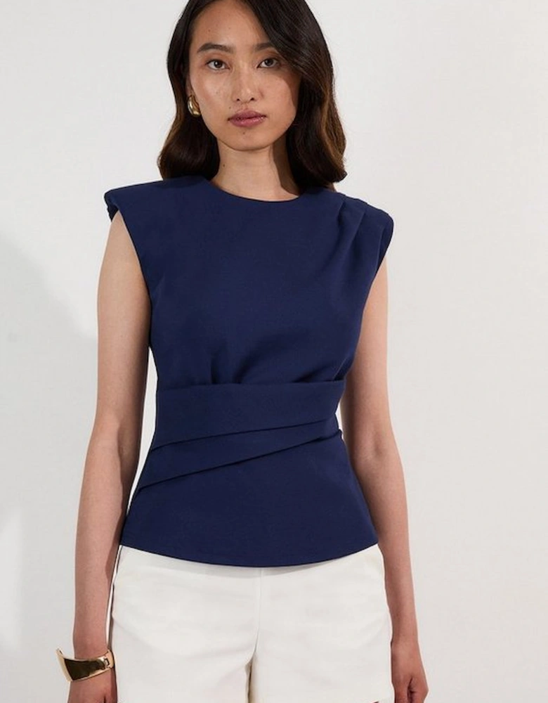 Ponte Ruched Waist Detail Round Neck Top