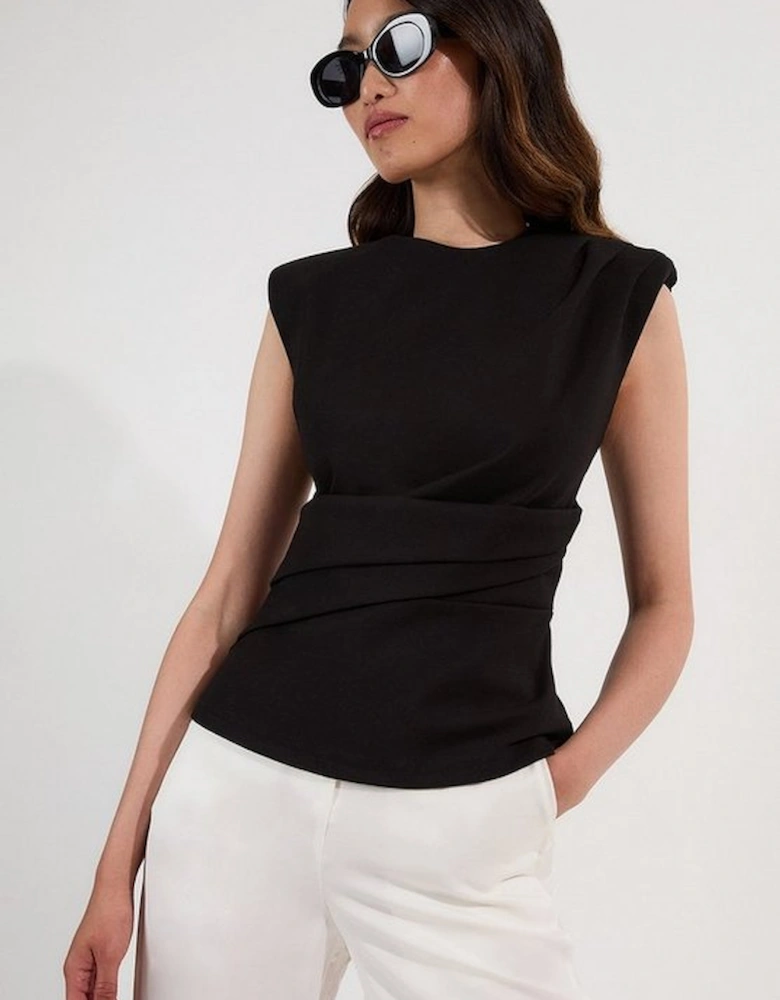 Ponte Ruched Waist Detail Round Neck Top