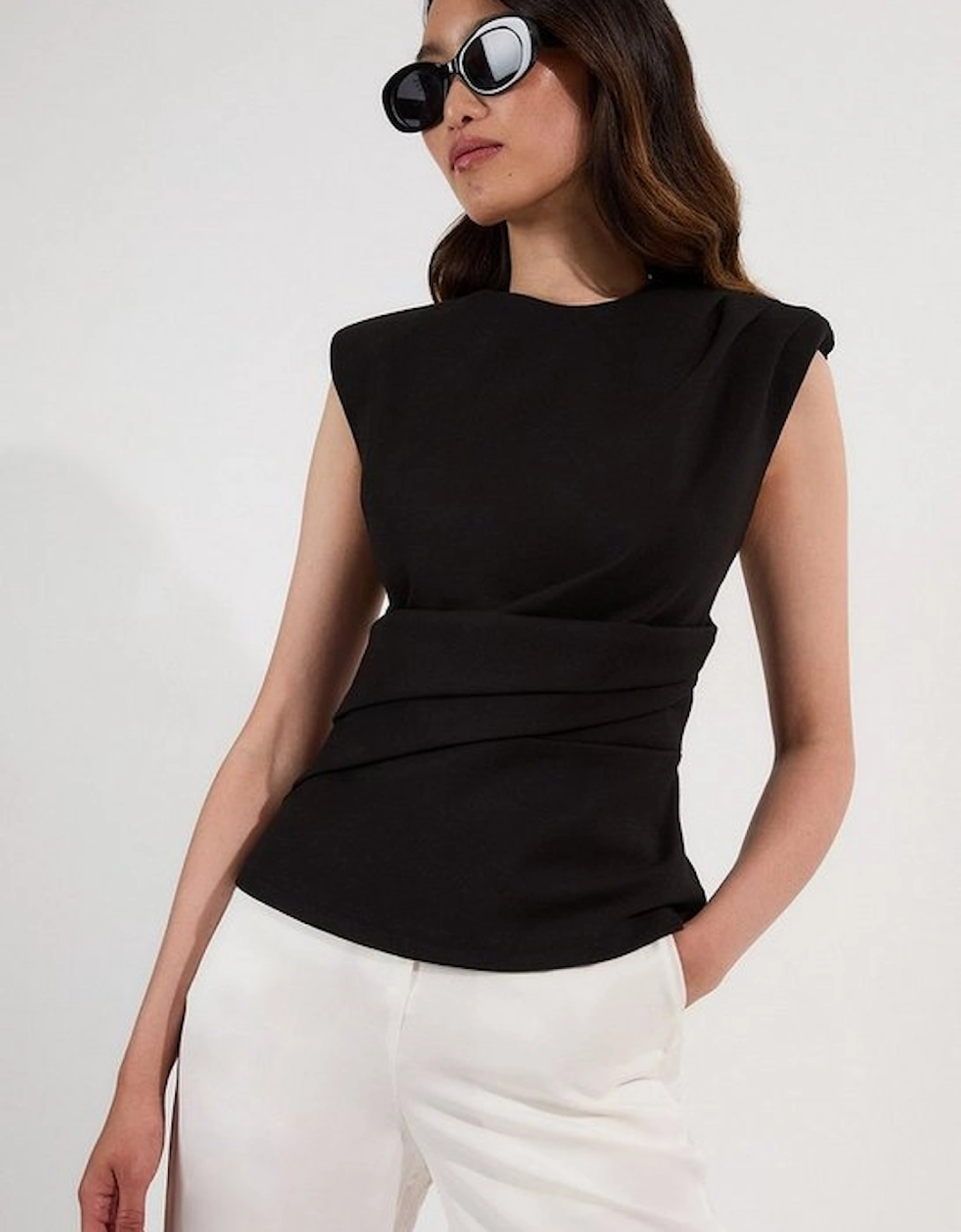 Ponte Ruched Waist Detail Round Neck Top, 2 of 1