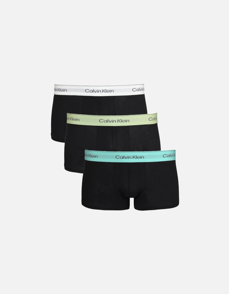 3-Pack Low-Rise Cotton Stretch Boxer Trunks, Black with Waistbands in White/Blue/Leafy Fun