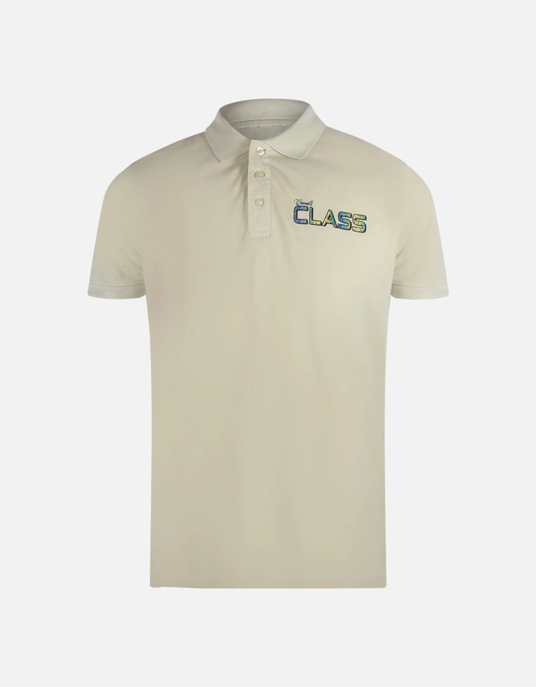 Cavalli Class Vibrant Floral Logo Beige Sand Polo Shirt