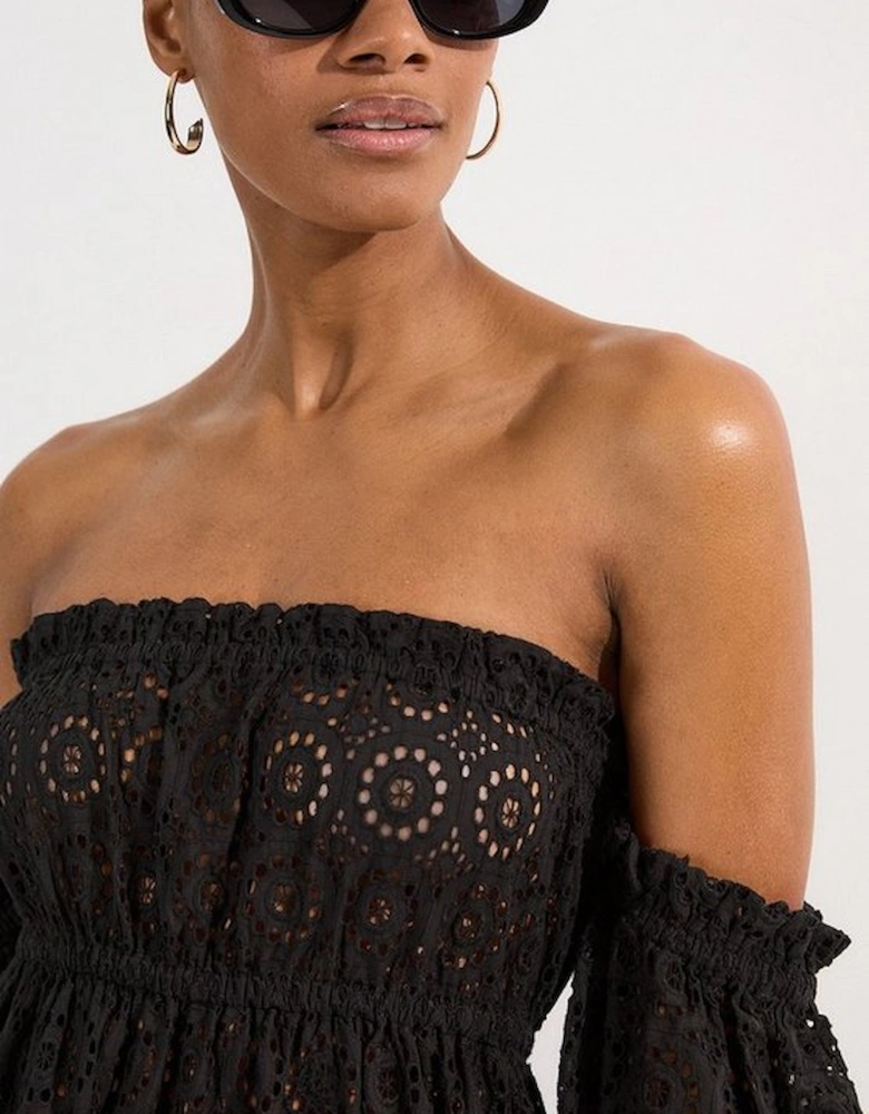 Off Shoulder Broderie Maxi Beach Woven Dress
