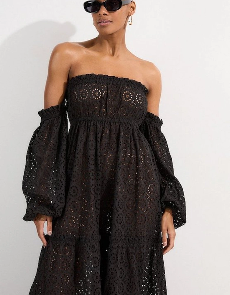 Off Shoulder Broderie Maxi Beach Woven Dress