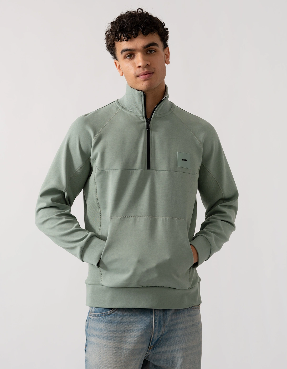 BOSS Green Sweat Rib Mens Half Zip Sweatshirt - Open Green 357, 2 of 1