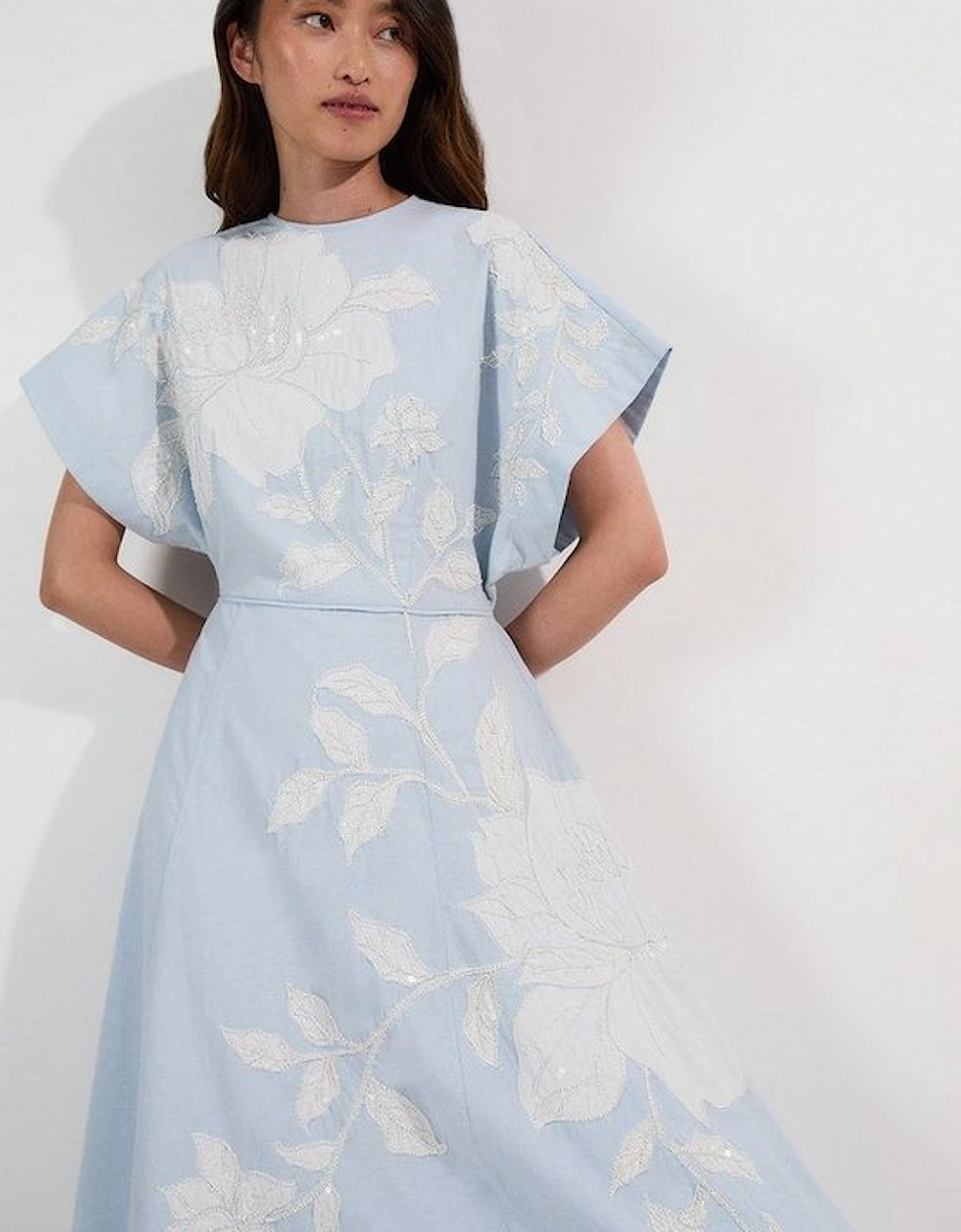 Applique And Beaded Linen Woven Midi Dress With Tie Back Detail, 4 of 3