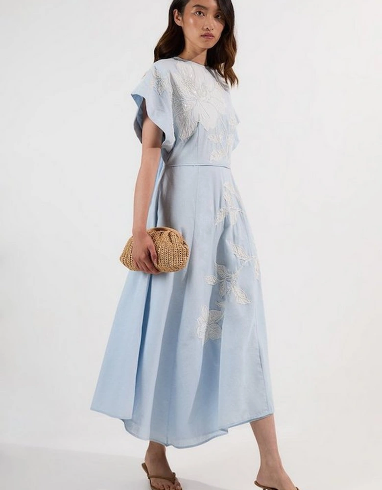 Applique And Beaded Linen Woven Midi Dress With Tie Back Detail