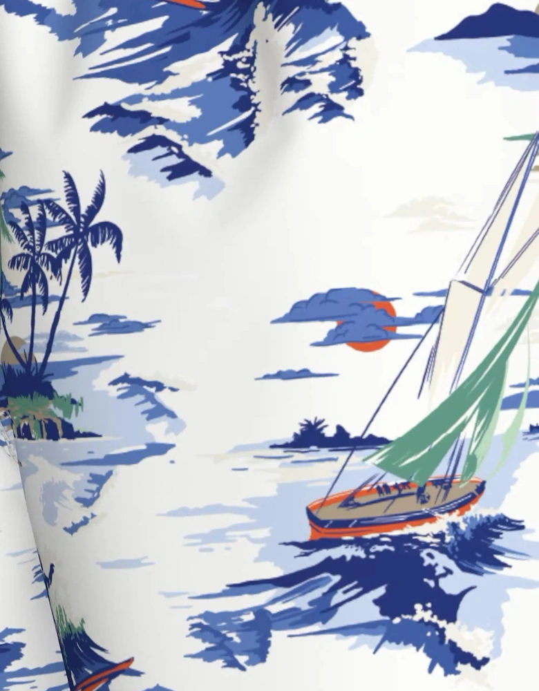Tropical Conversational Print Swim Shorts, White/blue