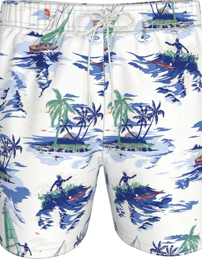Tropical Conversational Print Swim Shorts, White/blue