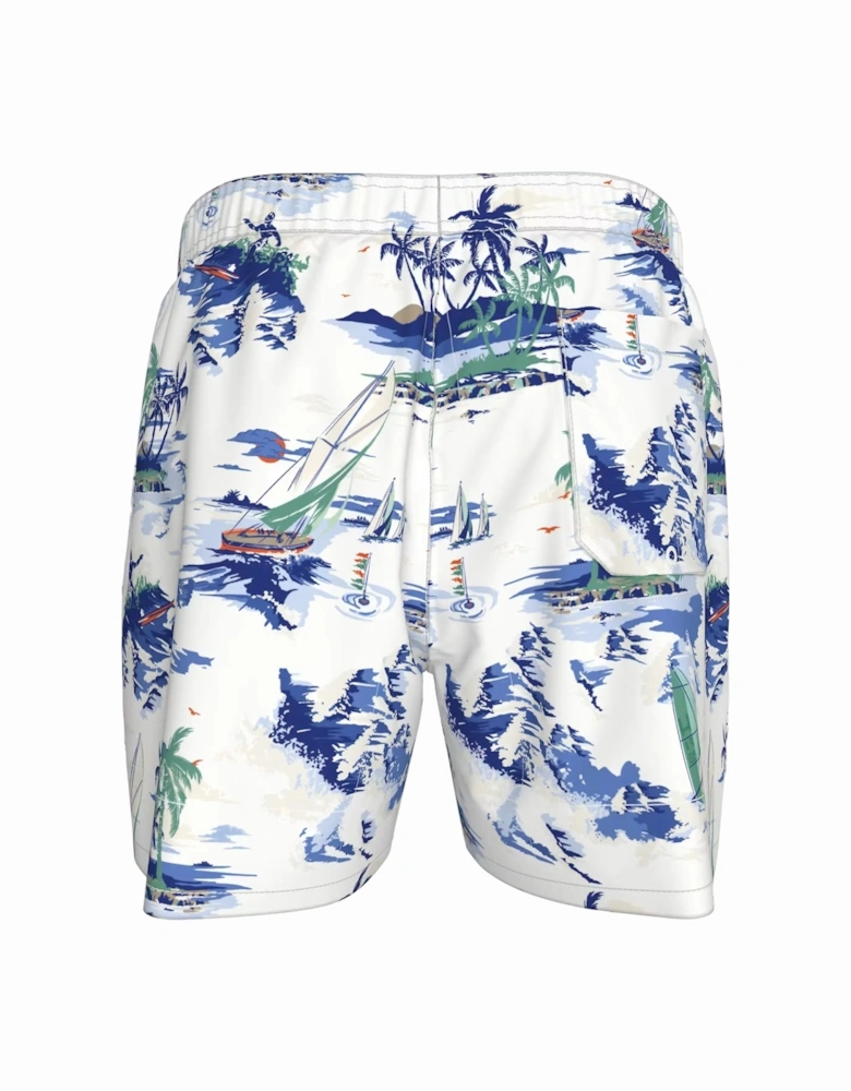 Tropical Conversational Print Swim Shorts, White/blue