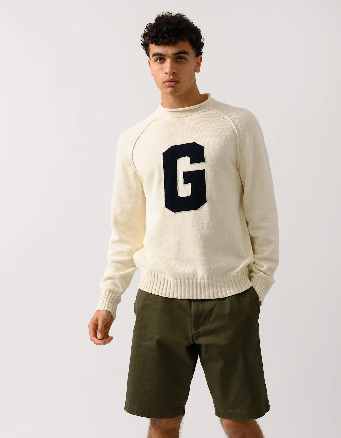 Men's GANT Mens Intarsia G Logo Crew Neck Jumper - 130 Cream - Tan - Size: 42