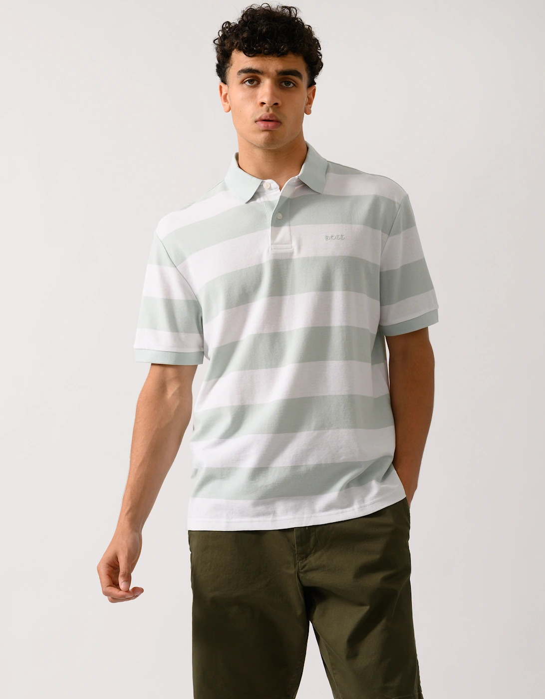 BOSS Orange Pales Stripe Mens Relaxed-Fit Cotton Piqué Polo Shirt with Horizontal Stripes, 2 of 1