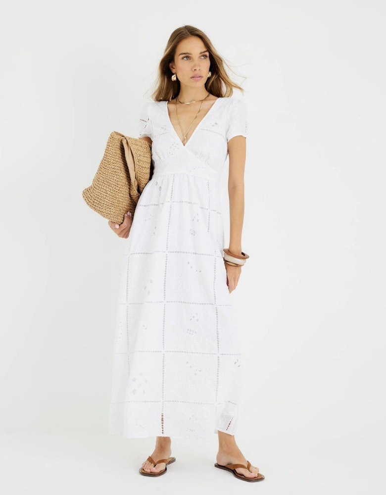 Short Sleeve Cutwork Midi Dress - White