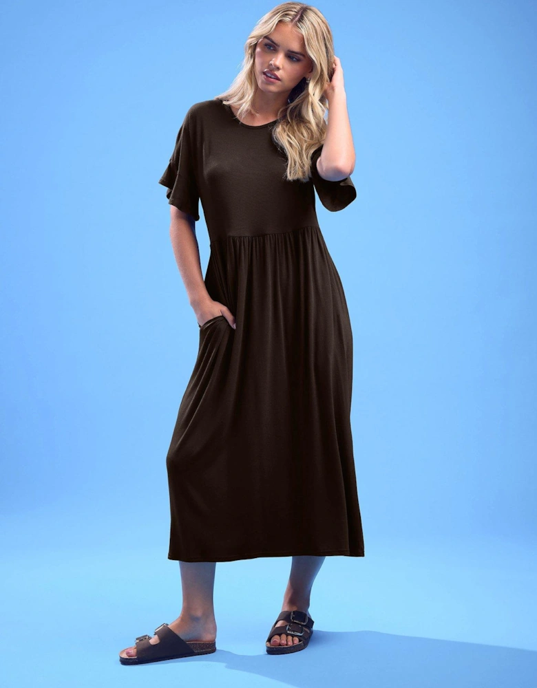 Petite Short Sleeve Frill Midi Smock Dress - Brown
