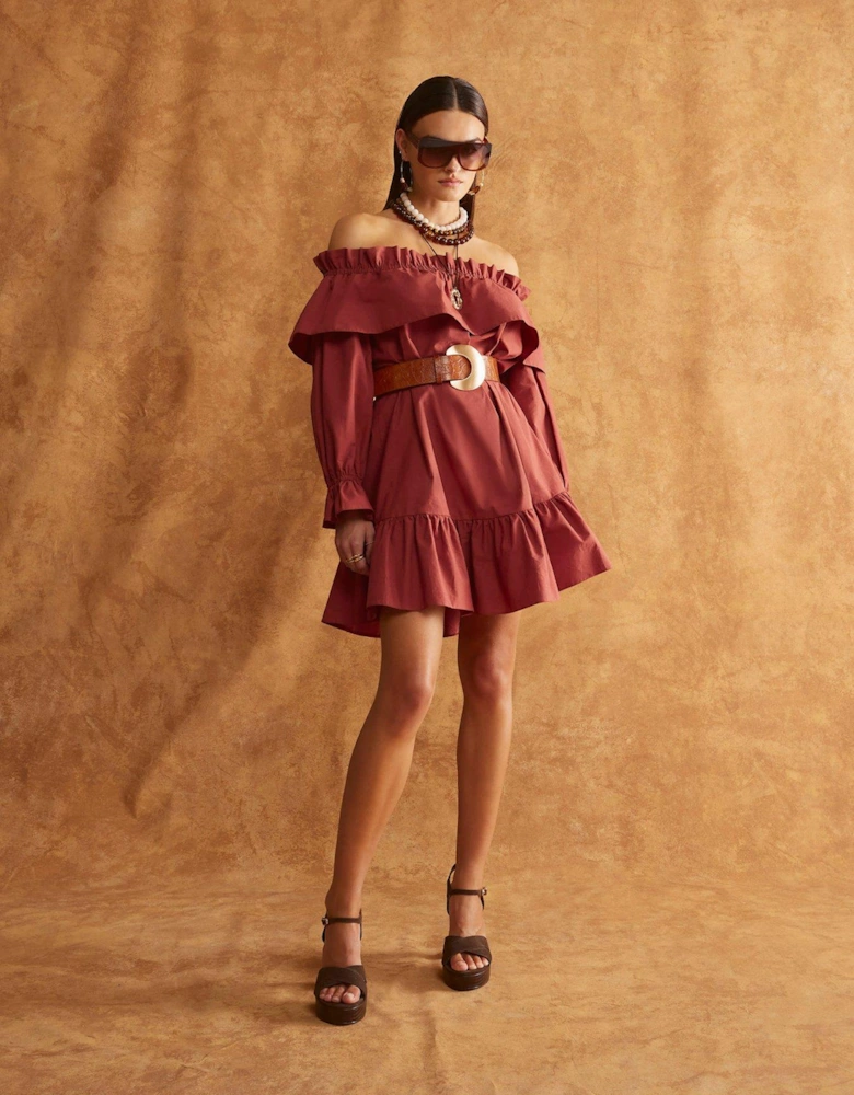 Frill Mini Bardot Dress - Brown