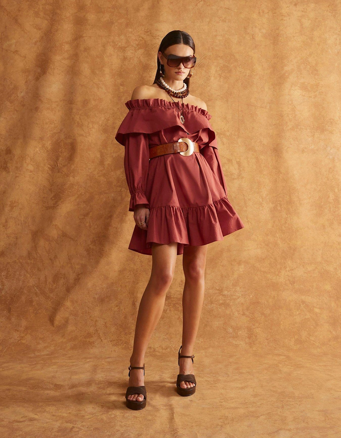 Frill Mini Bardot Dress - Brown, 2 of 1