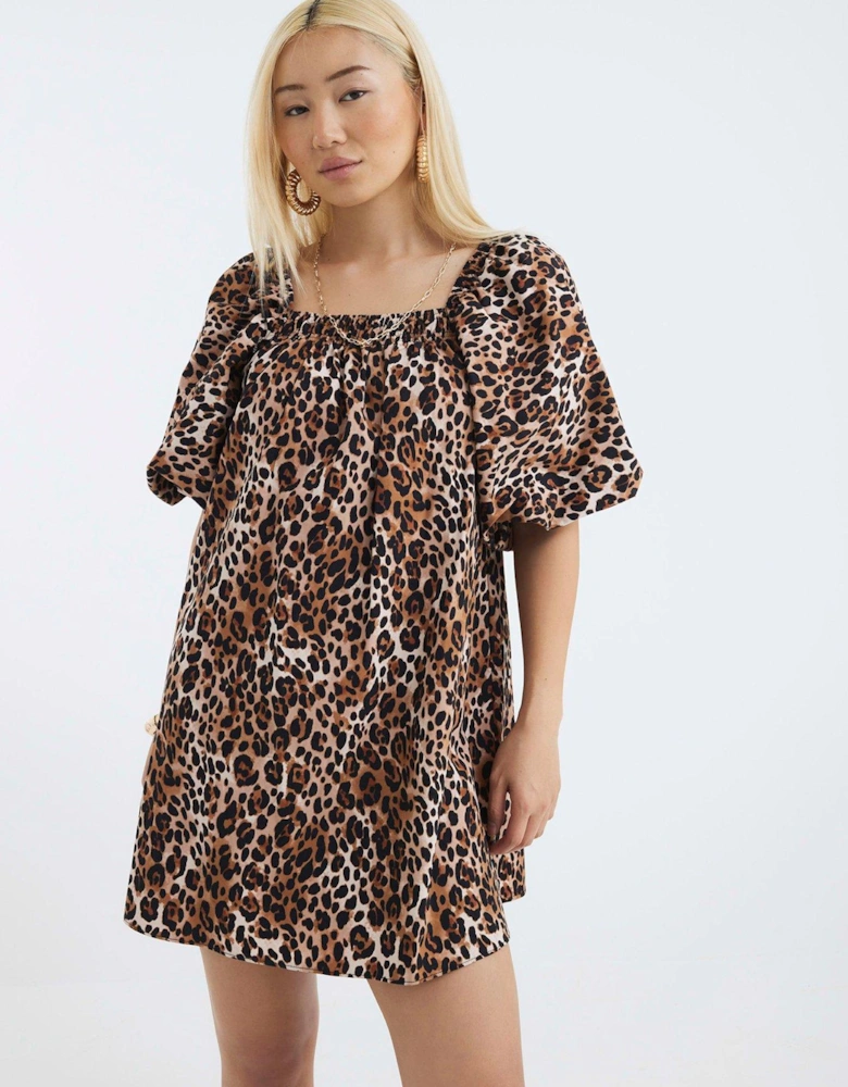 Print Puff Sleeve Detail Dress - Brown
