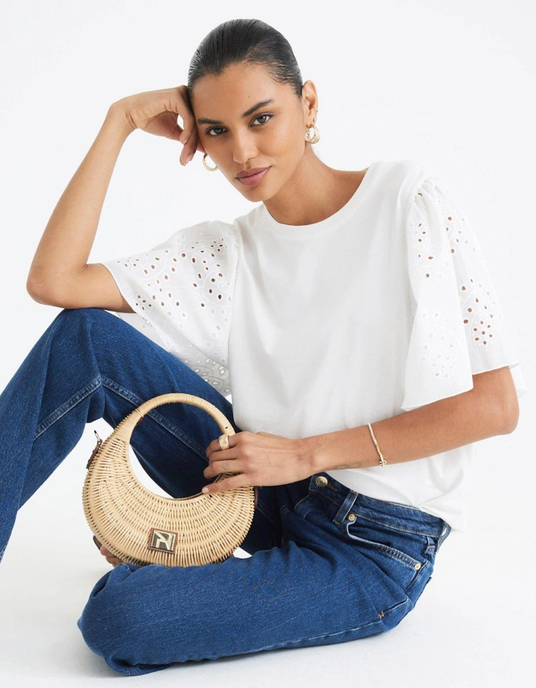 Short Sleeve Broderie Sleeve T-shirt - White