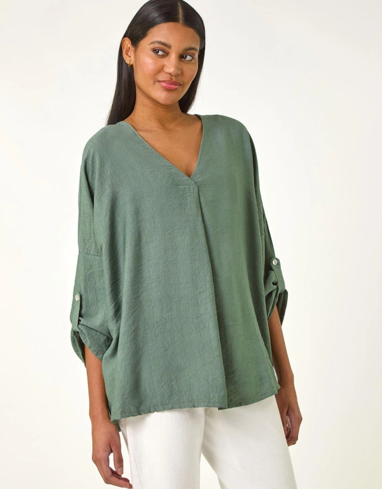 Pleated V-neck Stretch Tunic Top - Green