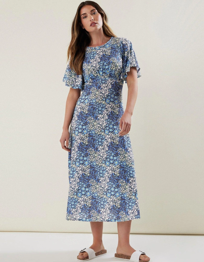 Tall Blue Ditsy Floral Flutter Sleeve Tea Dress