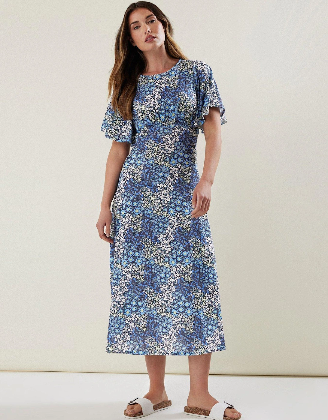 Tall Blue Ditsy Floral Flutter Sleeve Tea Dress, 2 of 1
