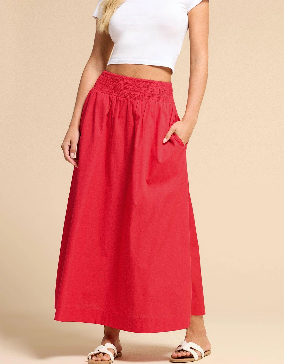 Petite Poplin Shirred Midi Skirt - Red, 2 of 1