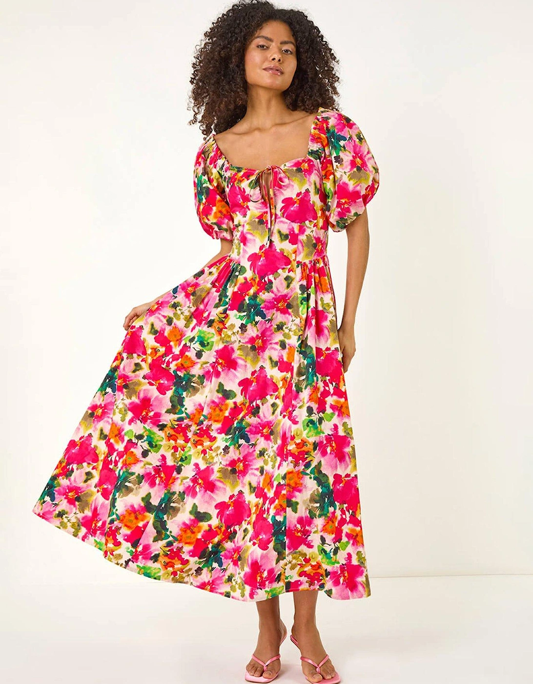 Floral Pleated Puff Dress - Red, 2 of 1