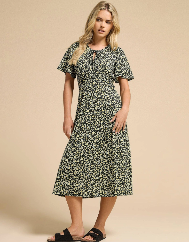 Petite Tie Neck Ditsy Midi Dress - Black