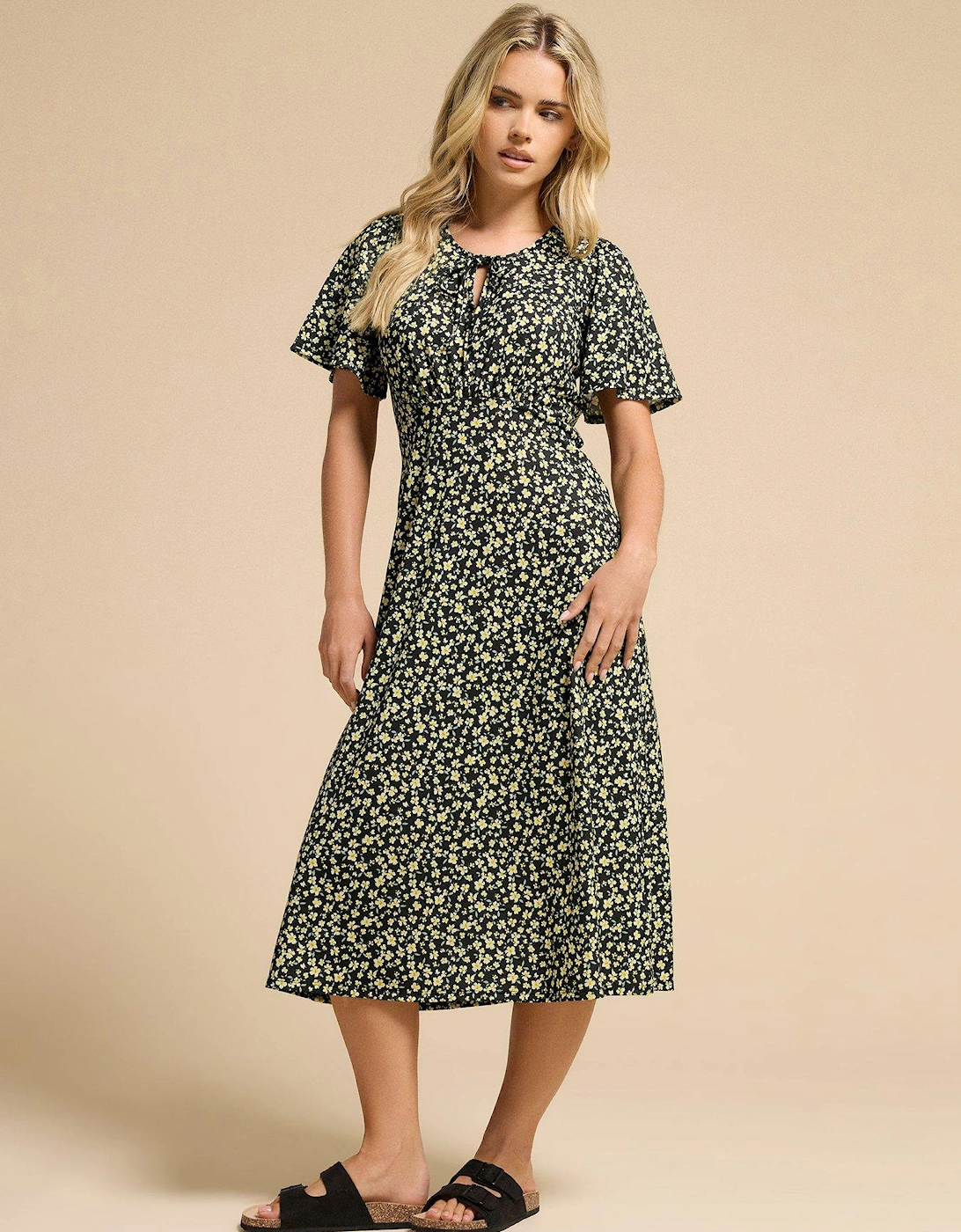 Petite Tie Neck Ditsy Midi Dress - Black, 2 of 1