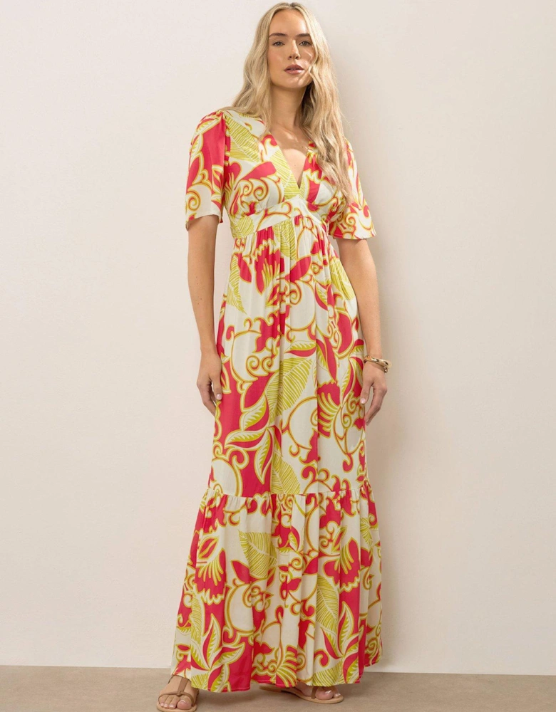 Tall Coral Red Abstract Palm Flutter Maxi Dress