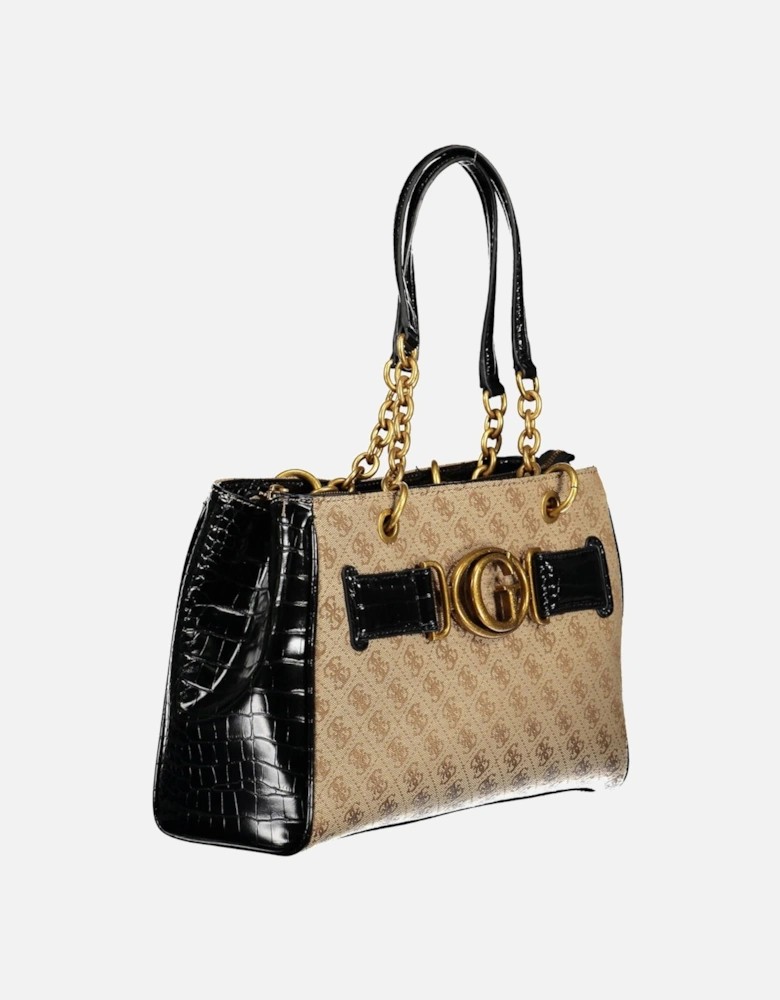 Elegant Black Tote Bag with Chain Handles and Three Compartments.