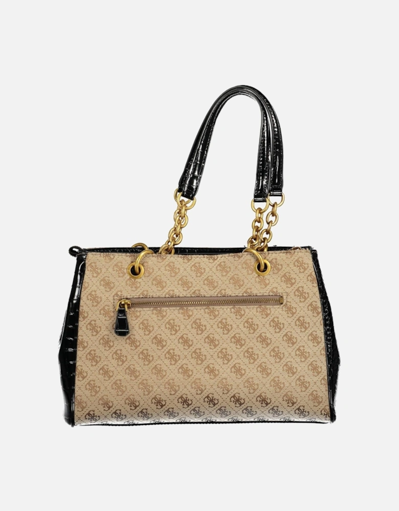 Elegant Black Tote Bag with Chain Handles and Three Compartments.