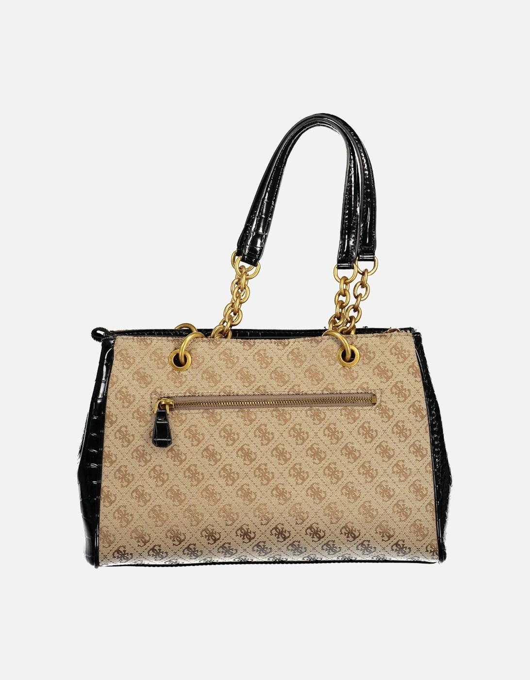 Elegant Black Tote Bag with Chain Handles and Three Compartments.