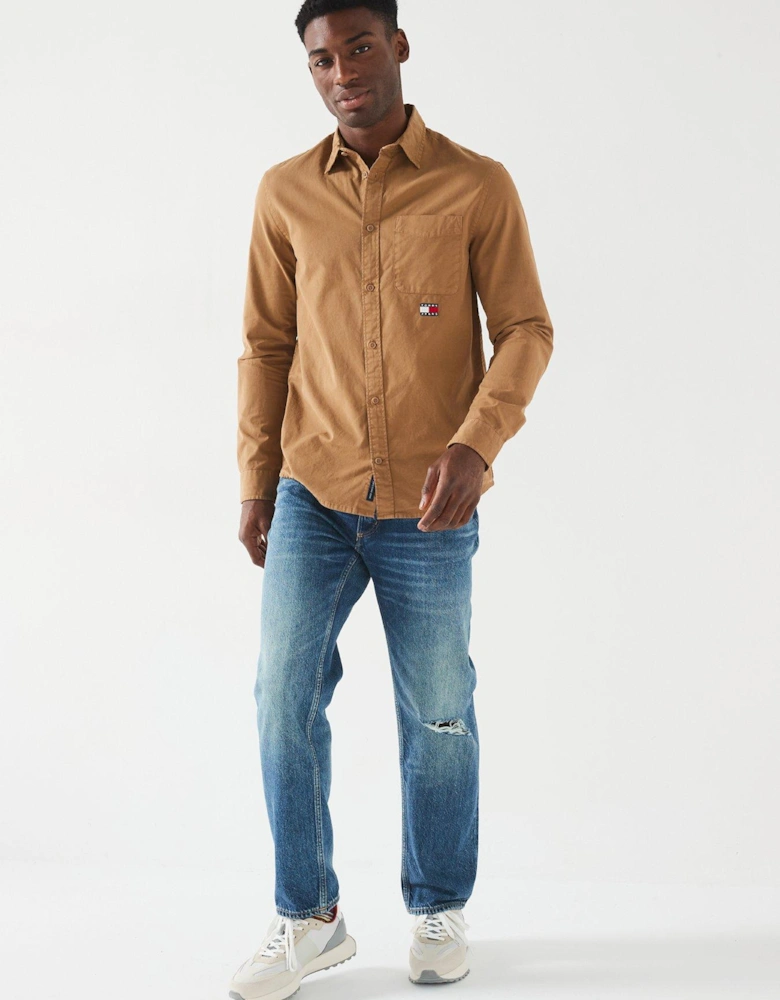 Regular Fit Badge Flag Washed Twill Pocket Shirt - Beige