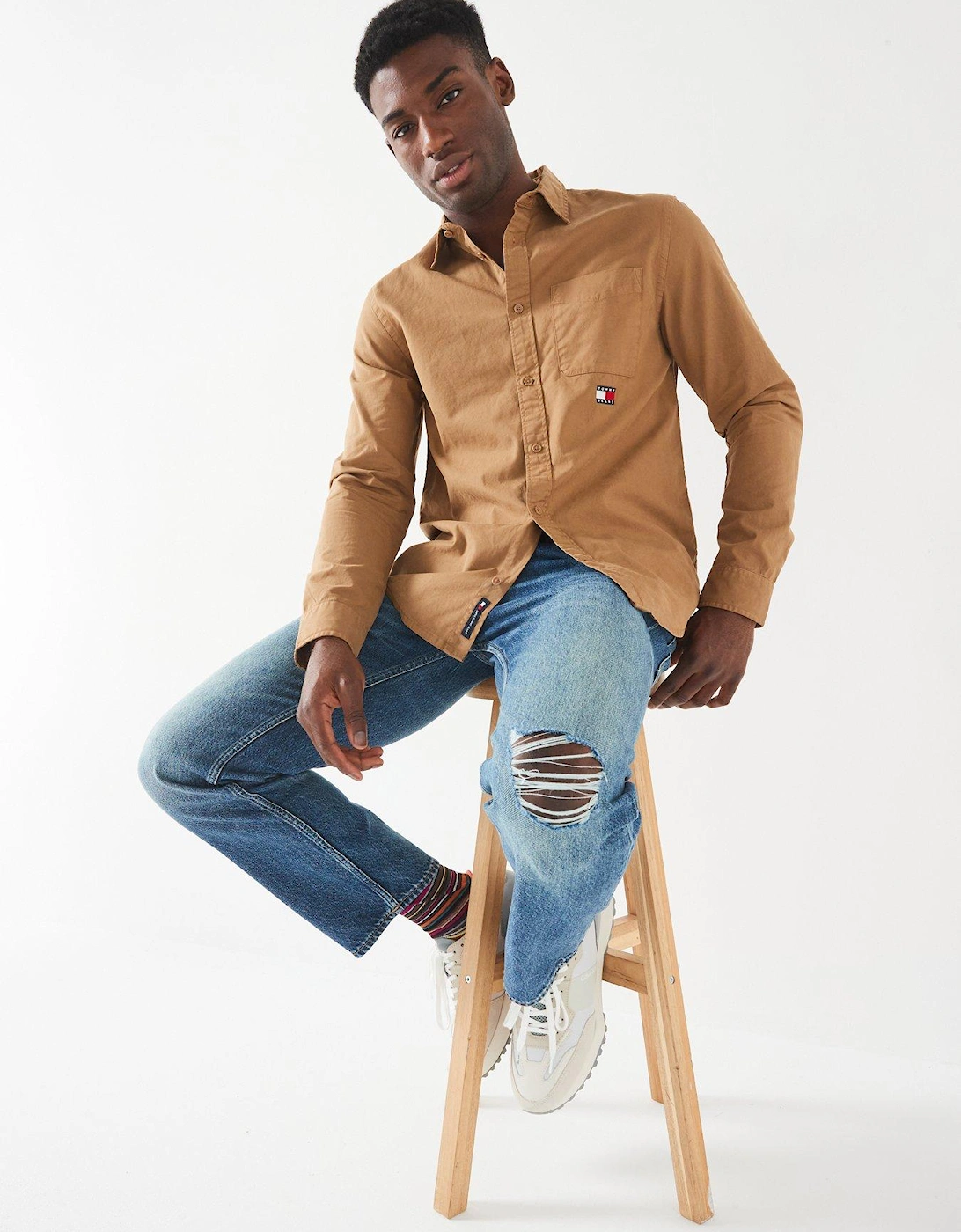 Regular Fit Badge Flag Washed Twill Pocket Shirt - Beige